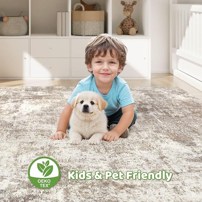 LOONGRUG 3x5 Rug for Living Room: Washable Large Abstract Soft Rug Stain Resistant Indoor Floor Non-Slip Accent Carpet for Women Modern Home Enthusiasts Aged- Bedroom Nursery Playroom- Beige Brown