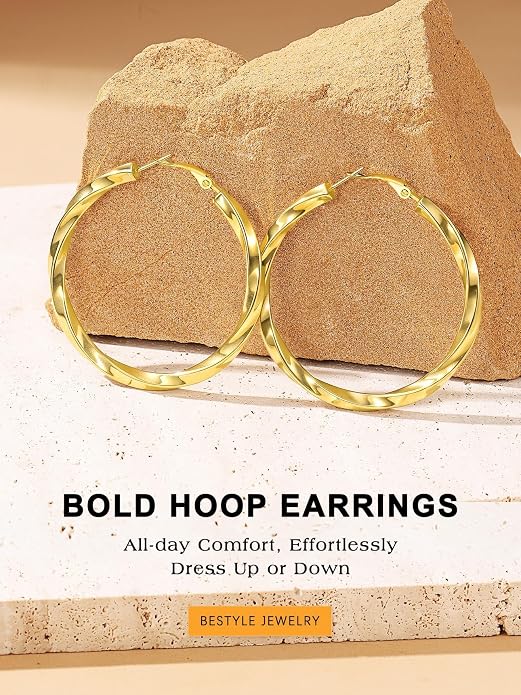 Bestyle 5mm Thick Gold Hoop Earrings Hypoallergenic Hoops for Sensitive Ears Trendy Lightweight Chunky Earrings for Women 30/40/60/80mm