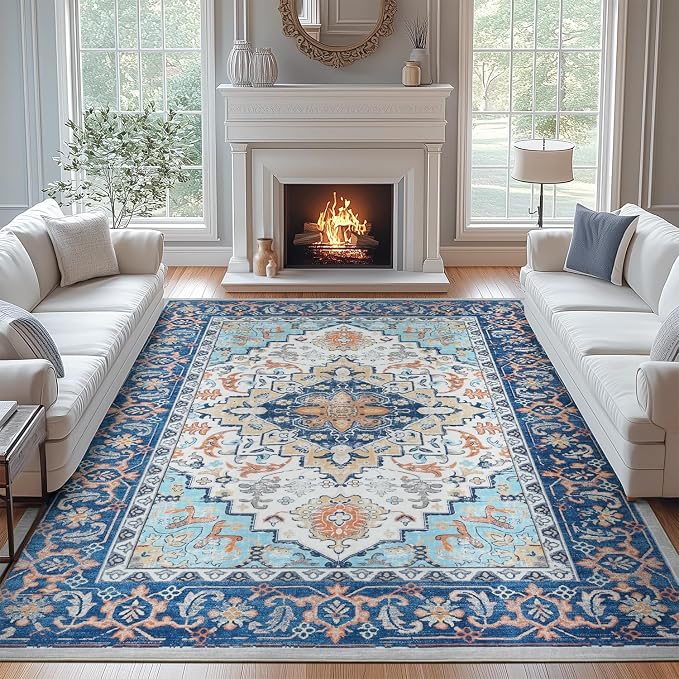 Lofus 8x10 Area Rugs for Living Room, Washable Area Rug, Rugs for Bedroom, Kitchen, Vintage Boho Carpet, Soft Non-Slip, Low Pile Large Area Rug for Office Dining Room, Floral Blue