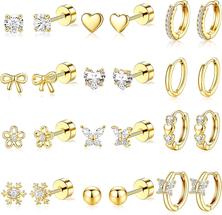 Hypoallergenic 14K Gold Stud Earrings Set for Women Surgical Stainless Steel Flat back Earrings Small Gold Huggie Hoop Earring for Sensitive Ears Screw Back Cartilage Piercing Jewelry