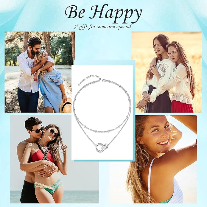 Layered Choker Necklaces for Women S925 Sterling Silver Circle/Heart/Cross/Star Multi Layered Necklace Handmade Bead Chain Adjustable Jewelry for Birthday