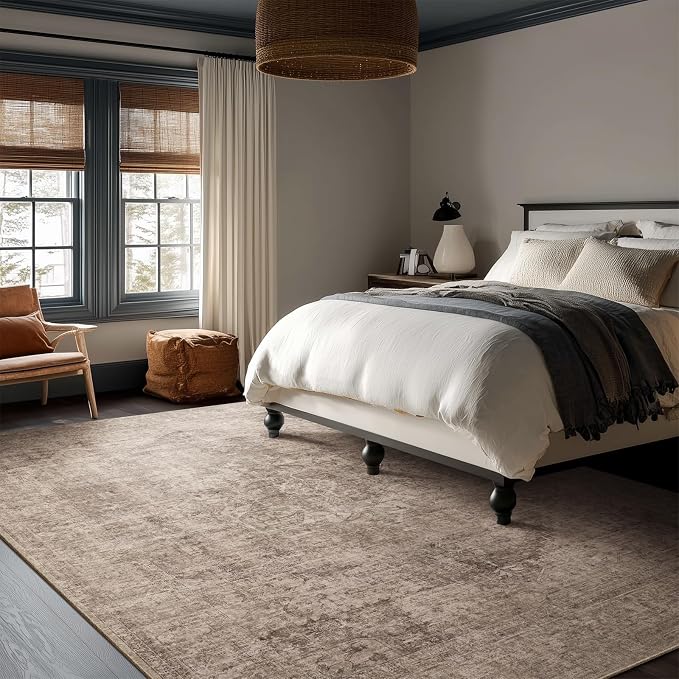 Machine Washable Rugs for Living Room: 8x10 Area Rugs for Bedroom Ultra Soft Non-Slip Low Pile Vintage Distress Boho Large Carpet for High-Traffic Dining Room - Farmhouse Decor