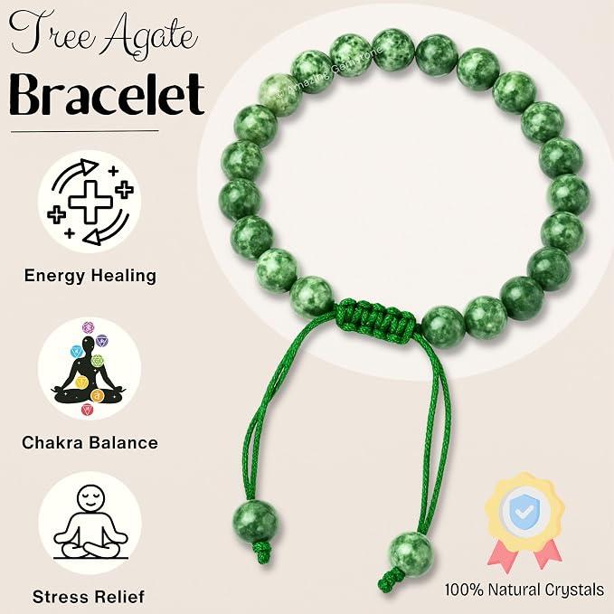 Amazing Gemstone Tree Agate Bracelet for Women Men's Gifts - Protection Healing Crystal Bracelet - 8mm Gemstone Beaded Adjustable Bracelet