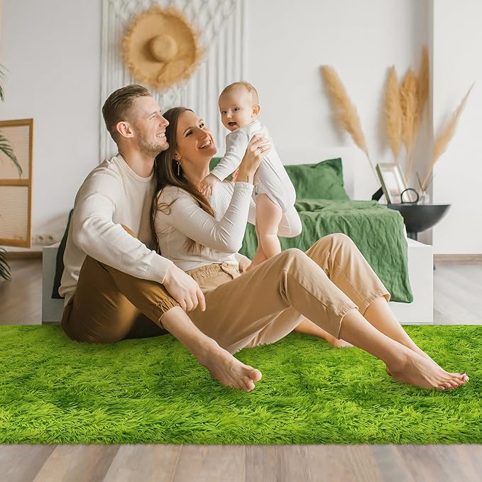2x10 Feet Tie-Dye Green Shag Fluffy Rug for Bedroom, Soft Fuzzy Plush Long Runner Carpet, Cute Grass Green Runner for Hallway, Kids Girls Room, Baby Nursery, Teen Dorm, Home Decor Aesthetic