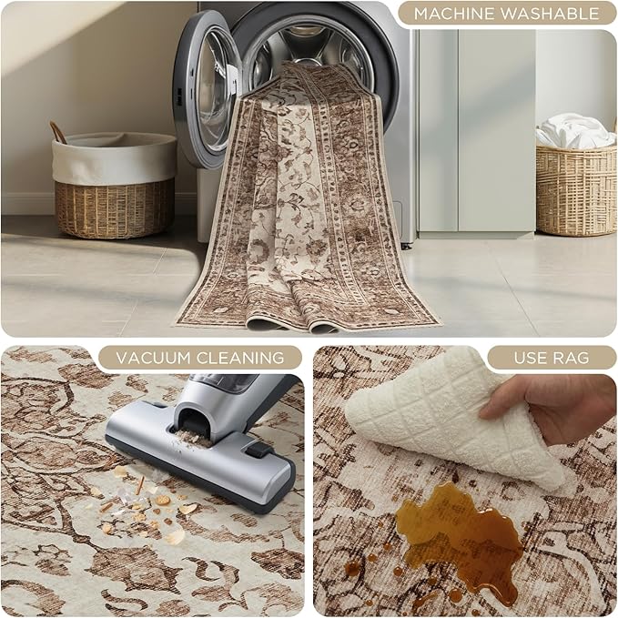 Joydeco Washable 2x6 Hallway Runner Vintage, Beige & Blue & Reddish-Brown | Water Resistant Low Pile Non Slip Backing for Kitchen Entryway Bedroom Bathroom Dining Room