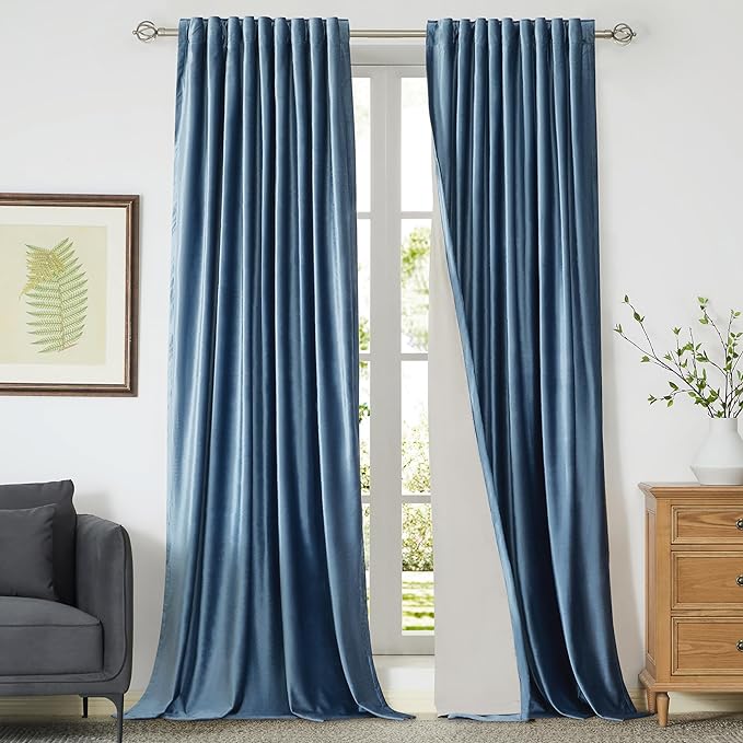 PRIMROSE 100% Full Blackout Velvet Curtains 108 inch Long for Living Room,Set of 2 Stone Grayish Blue Liner Rod Pocket Back Tab Thermal Window Curtains Room Darkening Curtains Drapes for Bedroom
