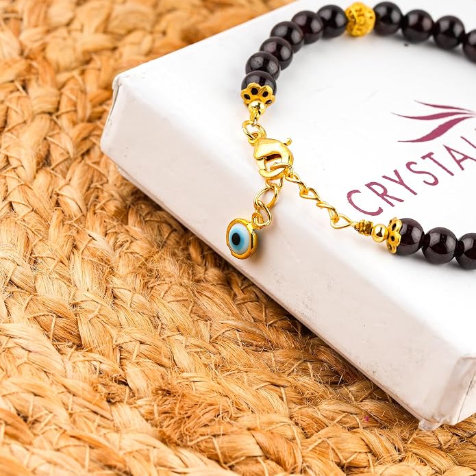 AAA Grade Natural Gemstone Beaded Bracelet, 14K Gold Plated with Evil Charm, Wicca & Reiki Healing Crystals, Handmade Bohemian Jewelry, Christmas Gift for Women (7+1inch)