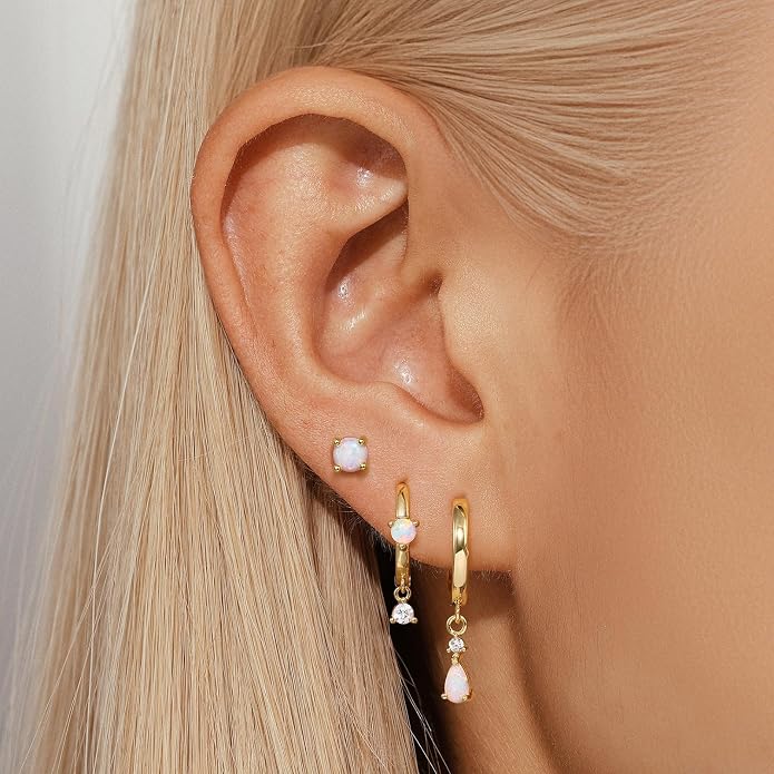 Angelady Opal Earrings Set for Women, Hypoallergenic S925 Sun Stud Earring for Sensitive Ears, Dainty Hoop Huggie Silver Opal Dangle Earring Stacks, Blue Earrings for Women Trendy 2025