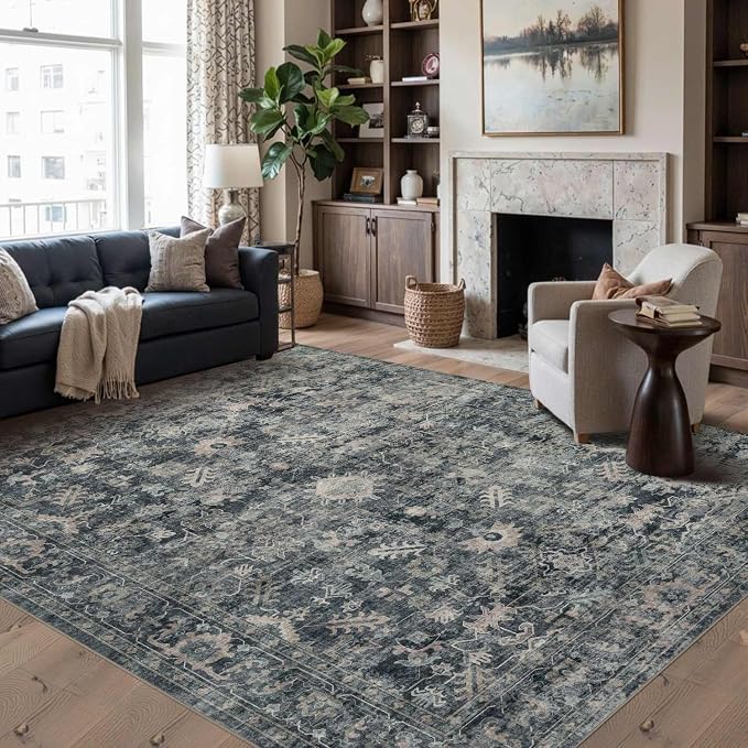 Rugxara Blue 6x9 Area Rugs Washable Rug for Living Room Dining Room Bedroom | Non Slip, Rug for Office Farmhouse Kids Room, Stain Resistant, Soft, Low Pile, Vintage Boho Floral Retro Carpet, Home Decor