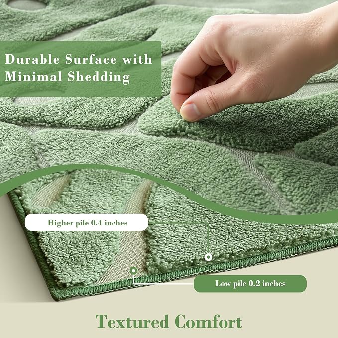 Sage Green Monstera Area Rug 5x7, High-Low Plush Pile Washable Rugs for Living Room Bedroom, Tropical Non Slip Nursery Carpet Soft Indoor Shag Rugs for Dining Room