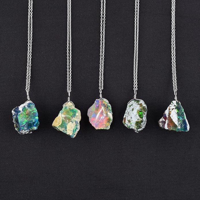 Raw Ethiopian Fir Opal Pendant Necklace for Women, Dainty Pendant, Handmade October Birthstone, Hypoallergenic Spiritual Healing Stone 925 Sterling Silver Chain 20" Birthday Gifts