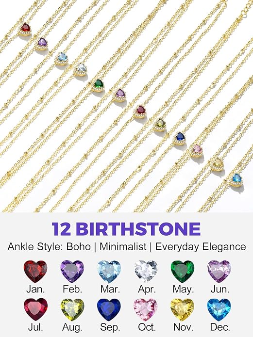 Richsteel Double Layer Heart/Butterfly Birthstone Anklet for Women Non Tarnish Waterproof, Silver/Gold/Black Stainless Steel 8.5-10.5 Inch Adjustable Chain Anklets Jewelry Gifts for Her
