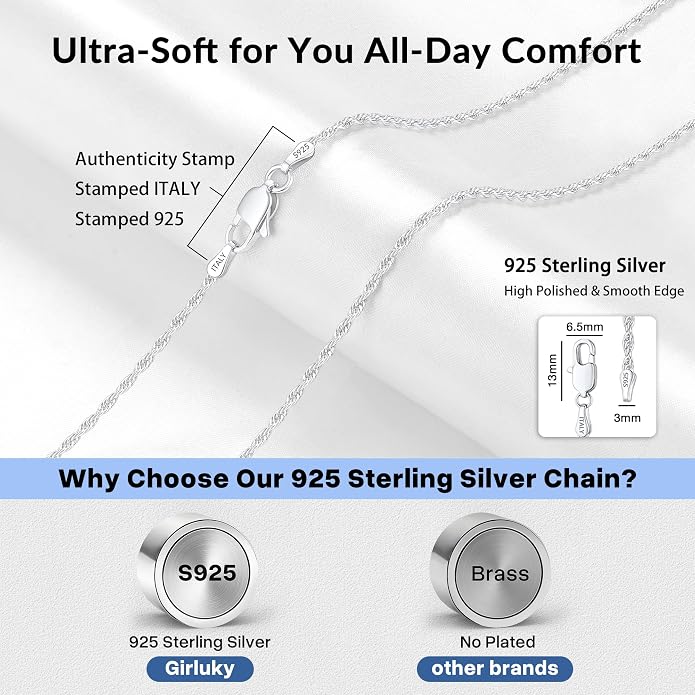 2mm Rope Chain 925 Sterling Silver Chain Necklace for Women, 14K Gold Plated Chains for Women Durable & Smooth Women's Chains Necklace, 16 18 20 22 24 26 Inch