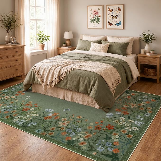 Wonnitar 5x7 Washable Area Rug, Green Floral Rug for Living Room, Boho Rug for Bedroom, Non Slip Flower Nursery Carpet, Low Pile Cottagecore Dining Room Decor (5x7 Green)