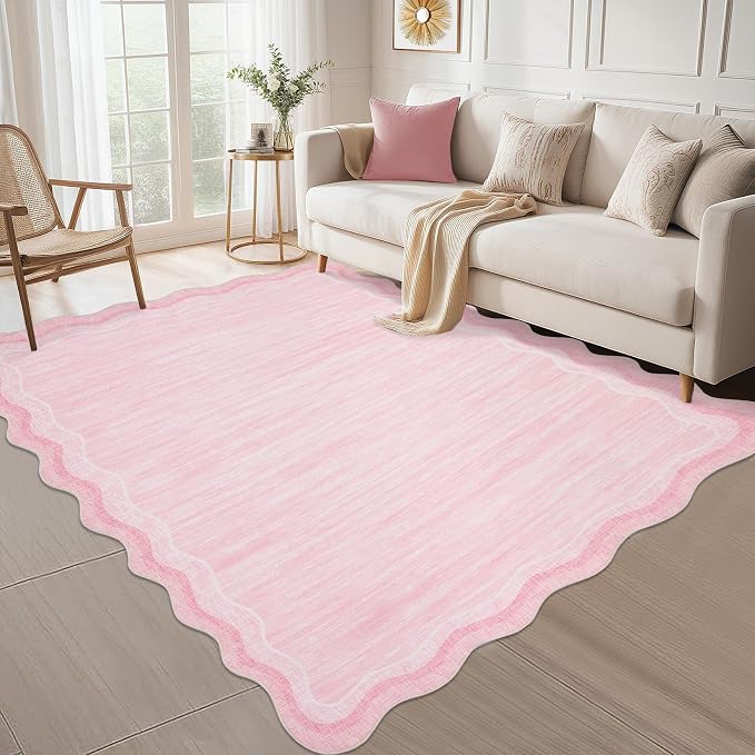 Garvee Scalloped 5x7 Rugs Washable Area Rugs for Living Room,Modern Stain Resistant Solid Rug for Bedroom Girls Room, Scalloped Low Pile Non-Slip Neutral Rug for Dining Room Home Office Dorm,Pink | Rugs for Living Room, Non-Slip Soft Carpet for Bedroom...