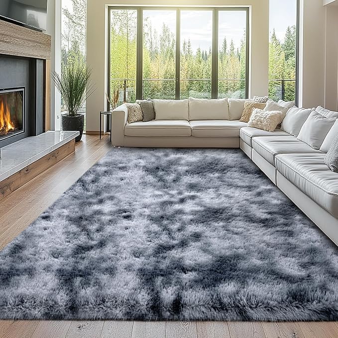Fluffy 8x10 Area Rug Living Room: Shag Grey Area Rugs for Bedroom- Large Plush Soft Dark Gray Rugs for Living Room- Fuzzy Modern Carpets for Bedroom, Kids Room Decor (Tie-Dyed Dark Grey, 8x10Feet)