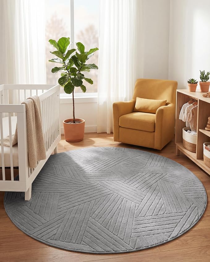 Carvapet 6.5' Round Rug Washable High Low Pile Area Rug Soft Plush Light Grey Carpet for Living Room Bedroom Non Slip Indoor Floor Rug for Home Kids Nursery Decor