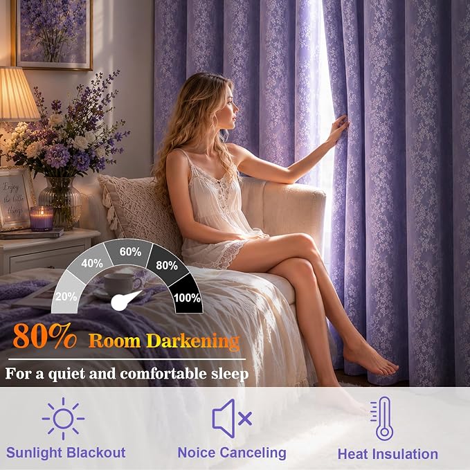 Yinhua Purple Curtains for Girls Room Double Layer Blackout Curtains for Bedroom 84 Inches Long Nursery Curtain for Living Room, Grommet Drapes with Tiebacks, 52" W x 84" L