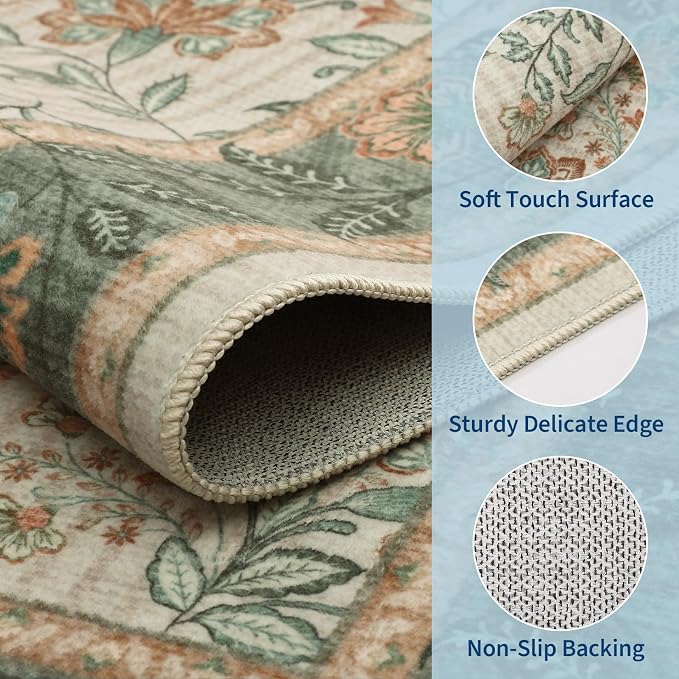 GarveeHome Small Sage Green Entryway Rug, 2x3 Washable Front Door Rug Indoor Entrance French Floral Carpet Non-Slip Beige Throw Rugs for Kitchen, Powder Room, Entry, Bathroom, Kids Room