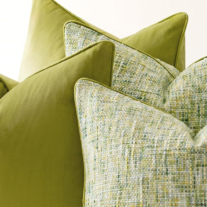 a moment Green 4 Pack Throw Pillow Covers - Chenille & Velvet Set with Piping, Farmhouse Textured Design Pillow Cases for Couch Sofa Bed Livingroom (16x16 Inch, No Insert)