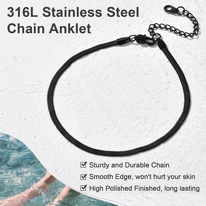 GoldChic Adjustbale Link Chain Anklet for Women Summer Jewelry, 316L Stainless Steel Figaro/Wheat/Twist Rope/Cuban Foot Bracelet-Waterproof, Resizable 9"-12" (Gift Box Included)