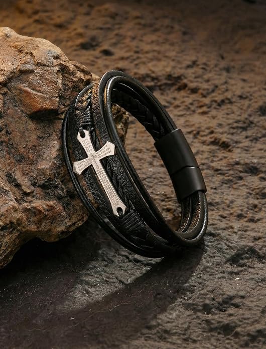 Mens Leather Cross Bracelet Multilayer Braided Wristband Bangle Bracelets with Stainless Steel Buckle Religious Gift for Men Brown/Black/Blue–8.3 inch