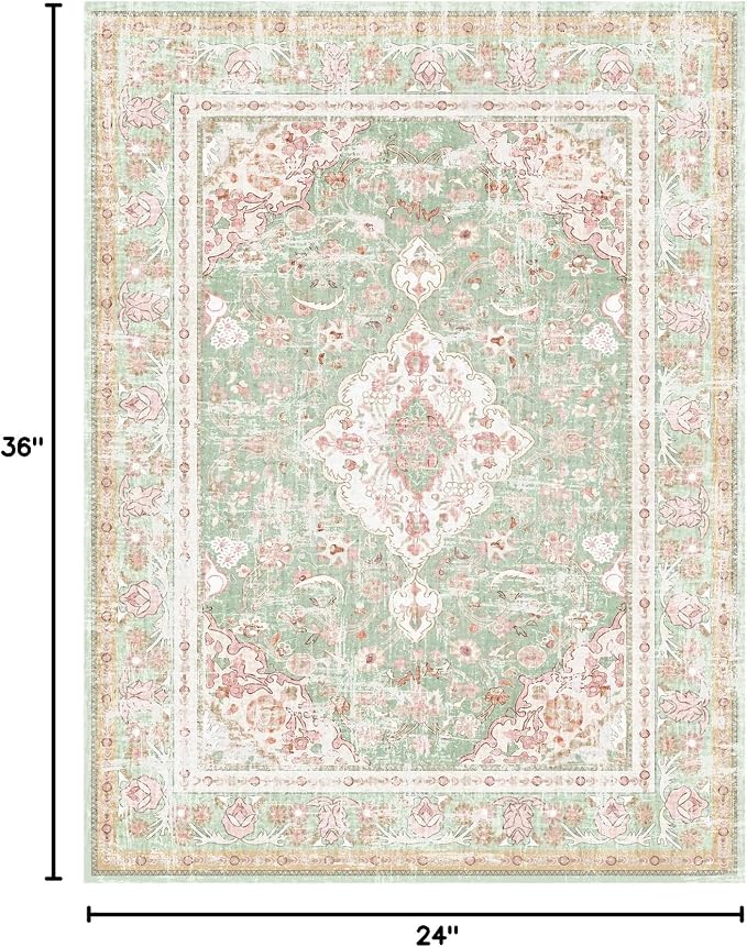 Vhong Washable Area Rugs Boho Vintage Modern Neutral Small Carpet Green and Pink High Traffic Rugs 2×3 for Bathroom Kitchen Entryway Non Slip