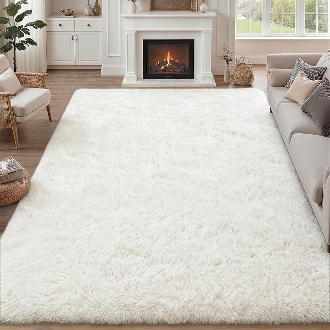 Fluffy Area Rugs 9x12 Living Room Bedroom: Ultra Soft Shag Rug Upgrade Non-Slip Non-Shedding Large Fuzzy Plush Carpet Indoor Floor Carpets for Kids Room Playroom Nursery Dorms Home Decor Ivory