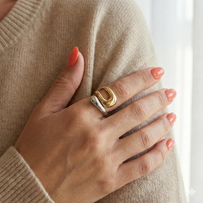 Gelbesty Waterproof Gold Statement Rings for Women, 14K Gold Plated Chunky Open Stackable Rings Non Tarnish Fashion Adjustable Stainless Steel Pinky Knuckle Signet Vintage Ring Jewelry Size 5-11