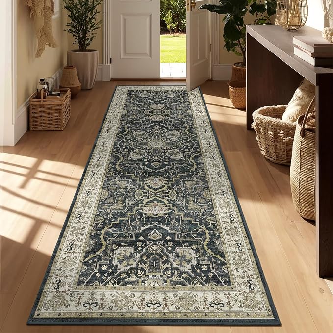 Washable Hallway Runner Rug - 3x8 Kitchen Rug Distressed Low Pile Mats Non Slip Soft Rugs for Dining Room with Rubber Backing Bedroom Runner with Vintage Design (Black 3x8)