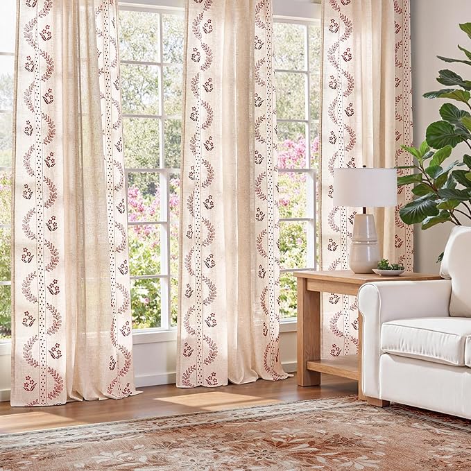 jinchan Floral Linen Curtains 63 Inch Back Tab 2 Panels Burgundy Red | Embroidered curtains,boho curtains,living room,bedroom,light filtering,privacy,flower patterned drapes,window treatment