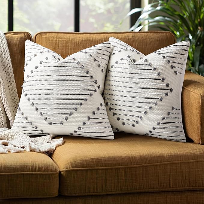 Mecatny Boho Summer Outdoor Throw Pillow Covers 22X22 Set of 2, Farmhouse Decorative Pillow Covers for Couch Sofa Living Room, Grey & Cream White