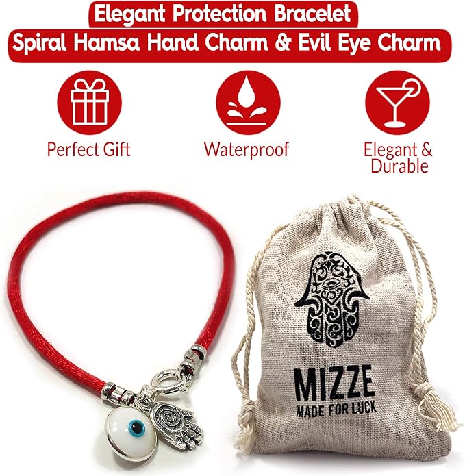 Hamsa Protection Bracelet for Men 8" Length, Red Silk String with Hamsa Hand Charm - Evil Eye Protection Jewelry for Success & Friendship - Gift in Cotton Pouch
