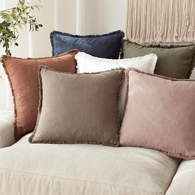 Foindtower Set of 2 Decorative Linen Fringe Throw Pillow Covers Boho Farmhouse Cushion Cover with Tassels Soft Accent Pillowcase for Couch Sofa Bed Living Room Home Decor,18×18 Inch,Dusty Pink