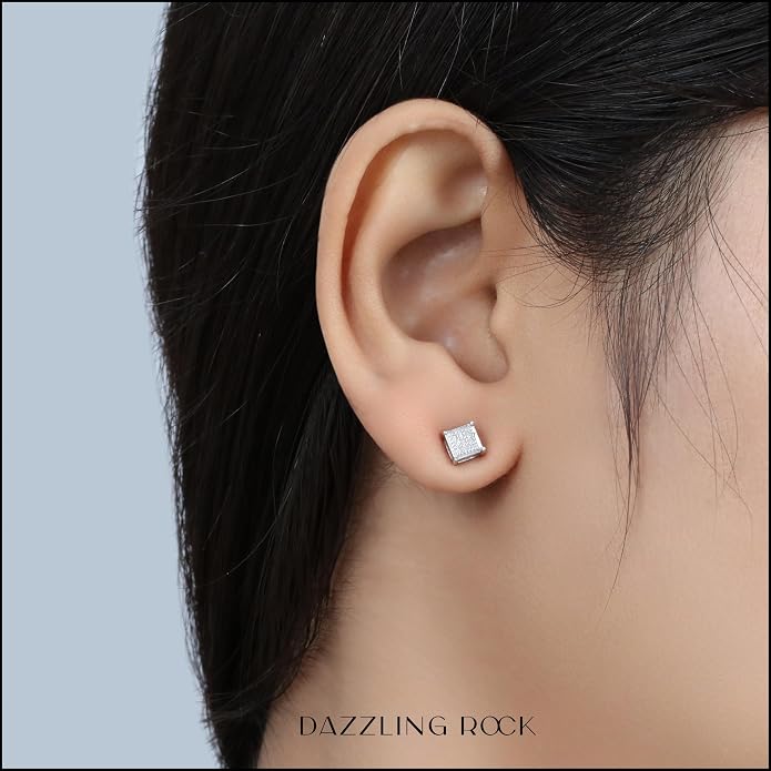 Dazzlingrock Collection 0.10 Ctw Natural Round White Diamond 4.5mm Square Micropave Hip Hop Studs, Unisex Design Ladies,Mens Real Diamond Earrings