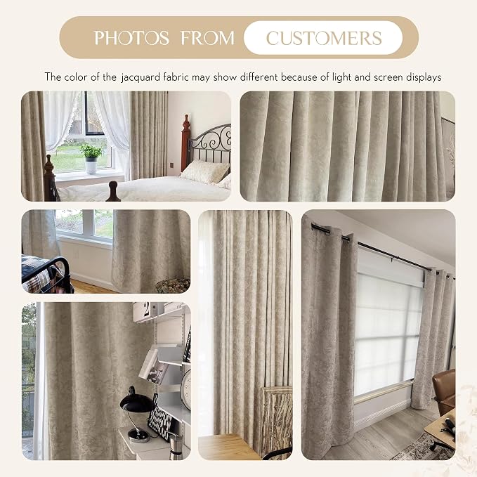 Beauoop Beige Floral Jacquard Blackout Curtains for Bedroom 52x96 2 Panels | Flower Chenille Room Darkening Drapes for Living Room 96 Inch Long Thermal Insulated Soundproof Window treatment Grommet