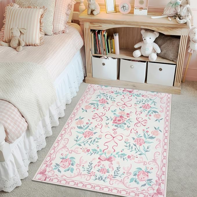 Collive 3x5 Nursery Rug, Boho Pink Floral Area Rugs Machine Washable, Soft Ultra-Thin Bow Carpet Non Slip for Girls Room Bedroom Entryway Playroom Living Room (Pink, 3' X 5')