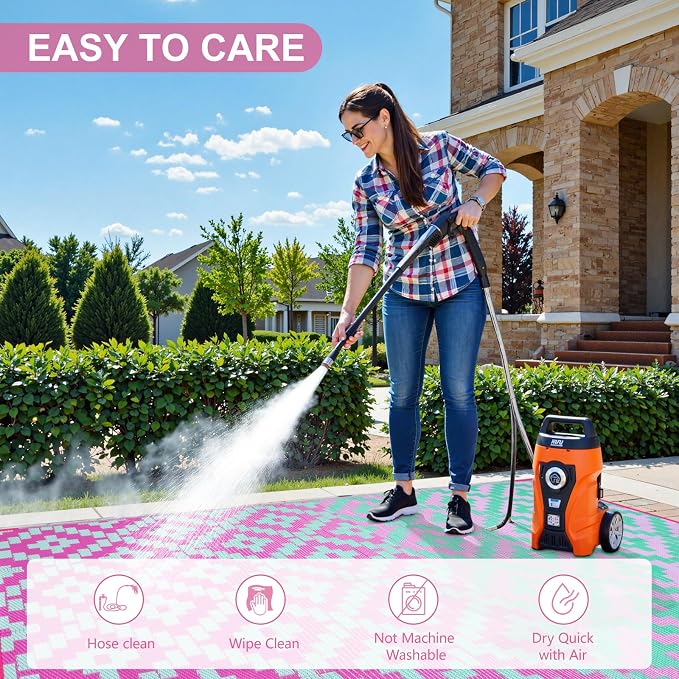 Anidaroel Ombre Outdoor Area Rugs 8x10 Waterproof, Reversible Plastic Straw Outside Rug for Patios Clearance, Large Outdoor Area Rug for RV Camping, Picnic, Camper, Backyard(Green&Pink,8‘x10')