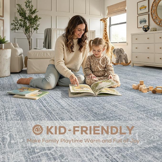 Nakagishi 6x9 Area Rugs Living Room: Washable Large Vintage Rug Neutral Non-Slip Soft Stain Resistant Indoor Carpet for Bedroom Nursery Dining Room Office Playroom - Blue