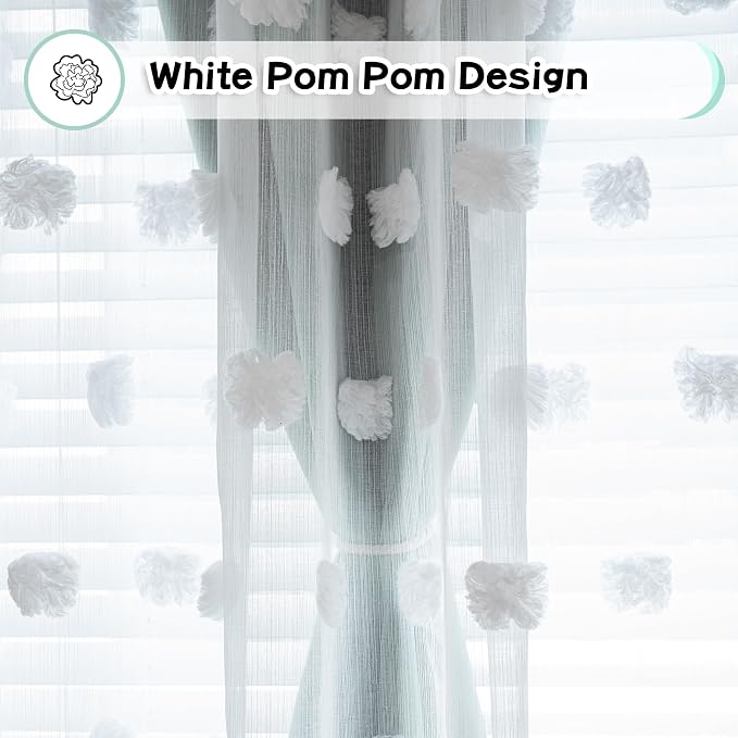 MYSKY HOME Kids Curtains for Boys Bedroom 63 Inches Long Room Darkening Double Layer Drapes for Son Room Decor White Pom Pom Sheer Back Tab Blackout Curtain 2 Layers Aqua 52 x 63 Inch 2 Panels