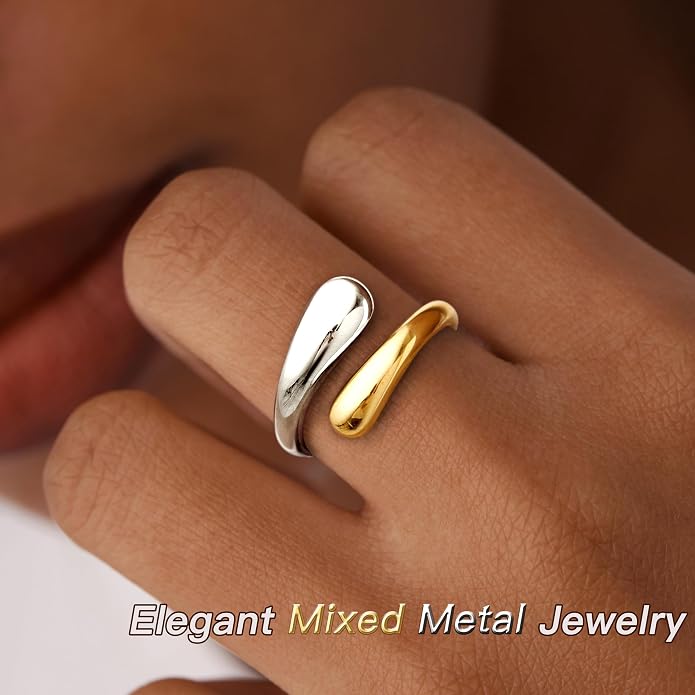 Non Tarnish Gold Chunky Rings for Women, 14K Gold Plated Statement Dome Rings Stacking Silver, Adjustable Mens Eternity Wedding Band Mixed Metal Jewelry Size 3-13