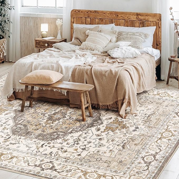 12x18 Area Rugs for Living Room - Large Carpet Ultra Thin Soft Washable Oriental Vintage Floral Distressed Big Indoor Carpets for Bedroom Nursery Dorm Home Decor Aesthetic - Camel/Beige