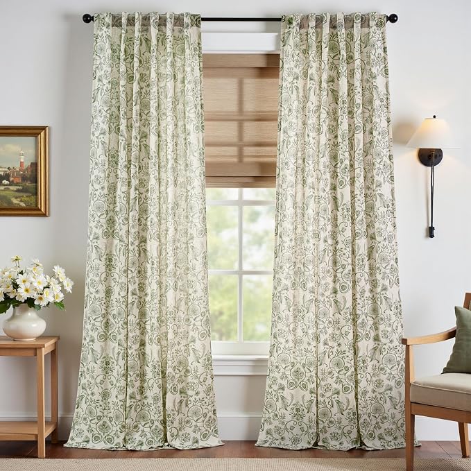 jinchan Linen Floral Curtains for Living Room with Printed Flower 96 Inches Long Light Filtering Farmhouse Window Treatment Vintage Drapes Back Tab Rod Pocket 2 Panels Green on Beige