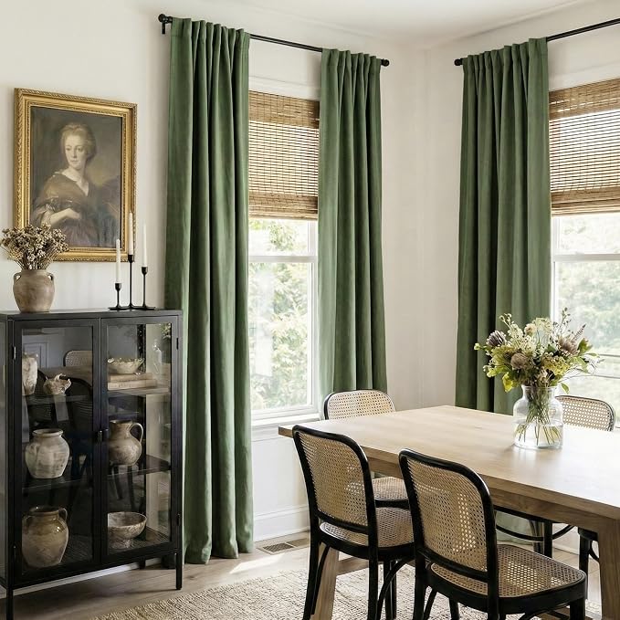 100% Blackout Shield Olive Green Linen Blackout Curtains for Bedroom 84 Inches Long, Back Tab/Rod Pocket Living Room Drapes, Thermal Insulated Blackout Curtains 2 Panels Set, 50" W x 84" L