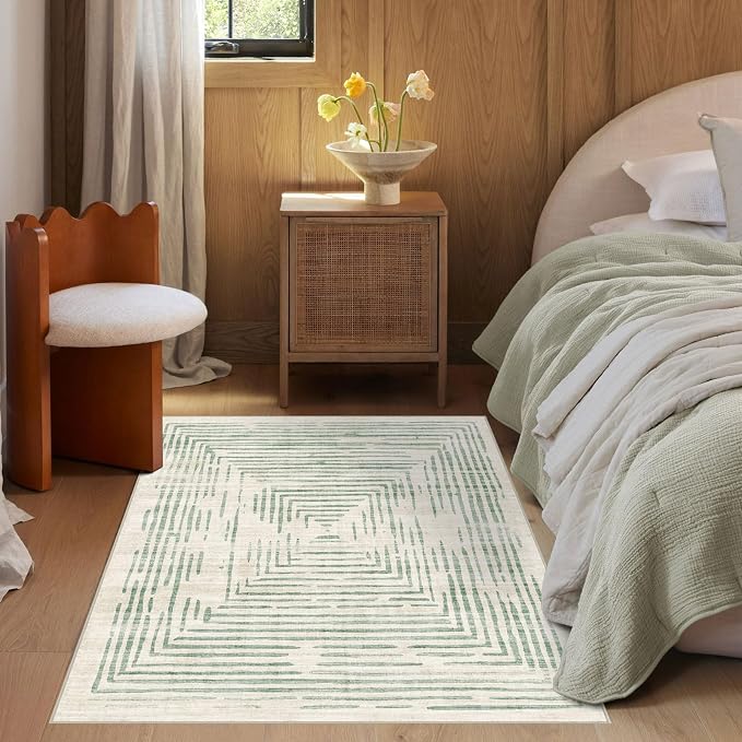 BLISSA 3x5 Washable Area Rug - Modern Entry Rug Non-Slip Ultra-Thin Soft Sage Green Lines Borderd Abstract Striped Bedside Throw Rug for Entryway Kitchen Bedroom Bathroom Dorm Nursery Home Decor