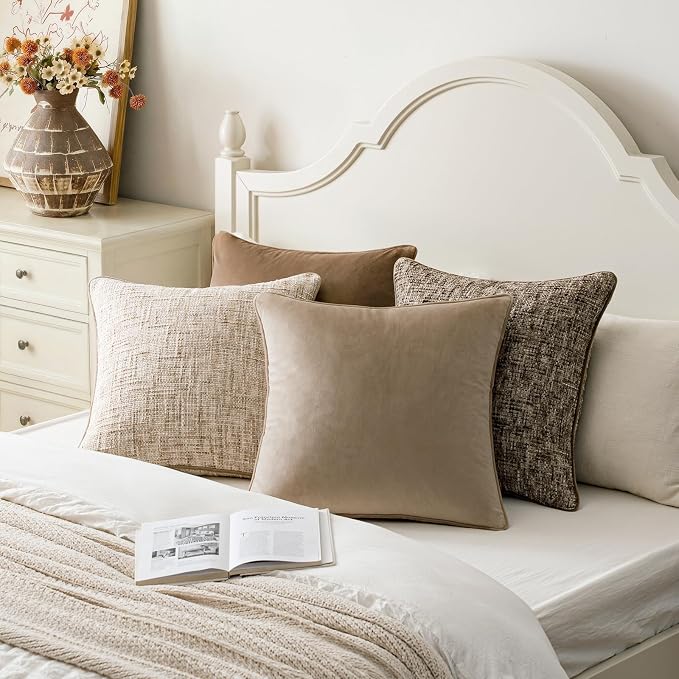 a moment Neutral Khaki Brown 4 Pack Throw Pillow Covers - Chenille & Velvet Set with Piping, Farmhouse Textured Design Pillow Cases for Couch Sofa Bed Livingroom (18x18 Inch, No Insert)