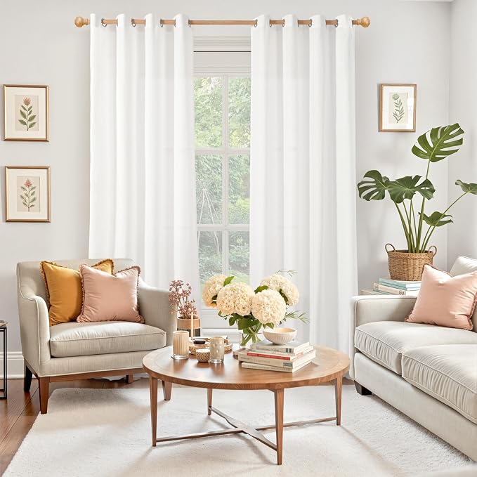 YoungsTex 90 Inch Length White Linen Semi Sheer Curtains 2 Panels for Living Room, Light Filtering Textured Drapes Lightweight for Bedroom Dining Room Floor Length Grommet, 2 Panels, 52 X 90 Inch