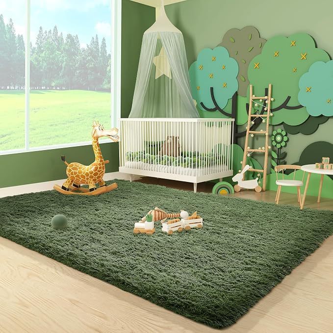 Ophanie Gray Green Grass Area Rugs for Bedroom, 3x5 Shag Fluffy Carpet, Fuzzy Furry Plush Soft Cute Kids Baby Shaggy Bedside Floor Rug for Teen Dorm Home with Over 99 pcs Pile fibers