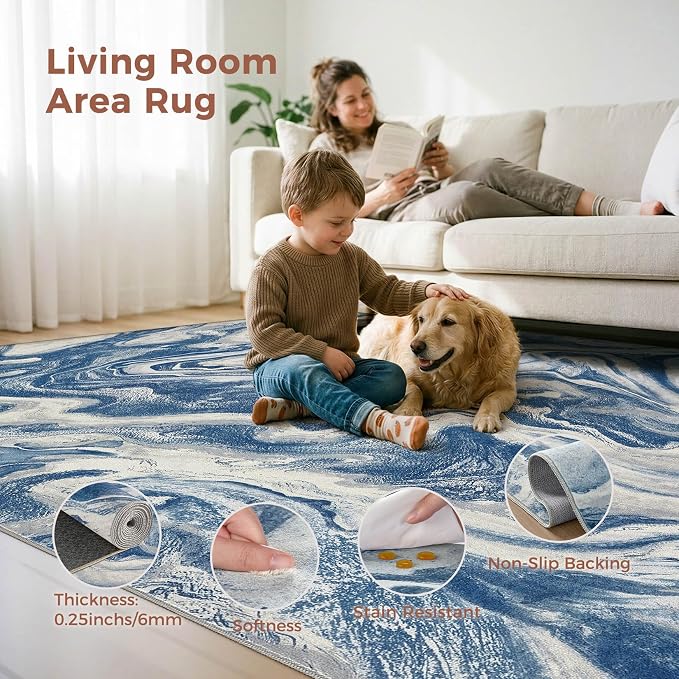 DMOYEST 9x12 Area Rug for Living Room:Washable Modern Neutral Abstract Rug with Low Pile Non Slip Soft Thin Large Indoor Carpet for Bedroom Dining Room Home Office Decor-Navy Blue