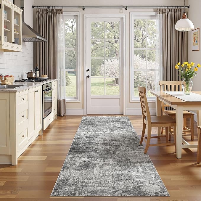 DMOYEST 3x12 Washable Runner Rug, Non Slip Low Pile Carpet Runner for Hallway and Entryway, Kid & Pet Friendly Abstract Modern Area Rug for Kitchen and Dining Room - Grey